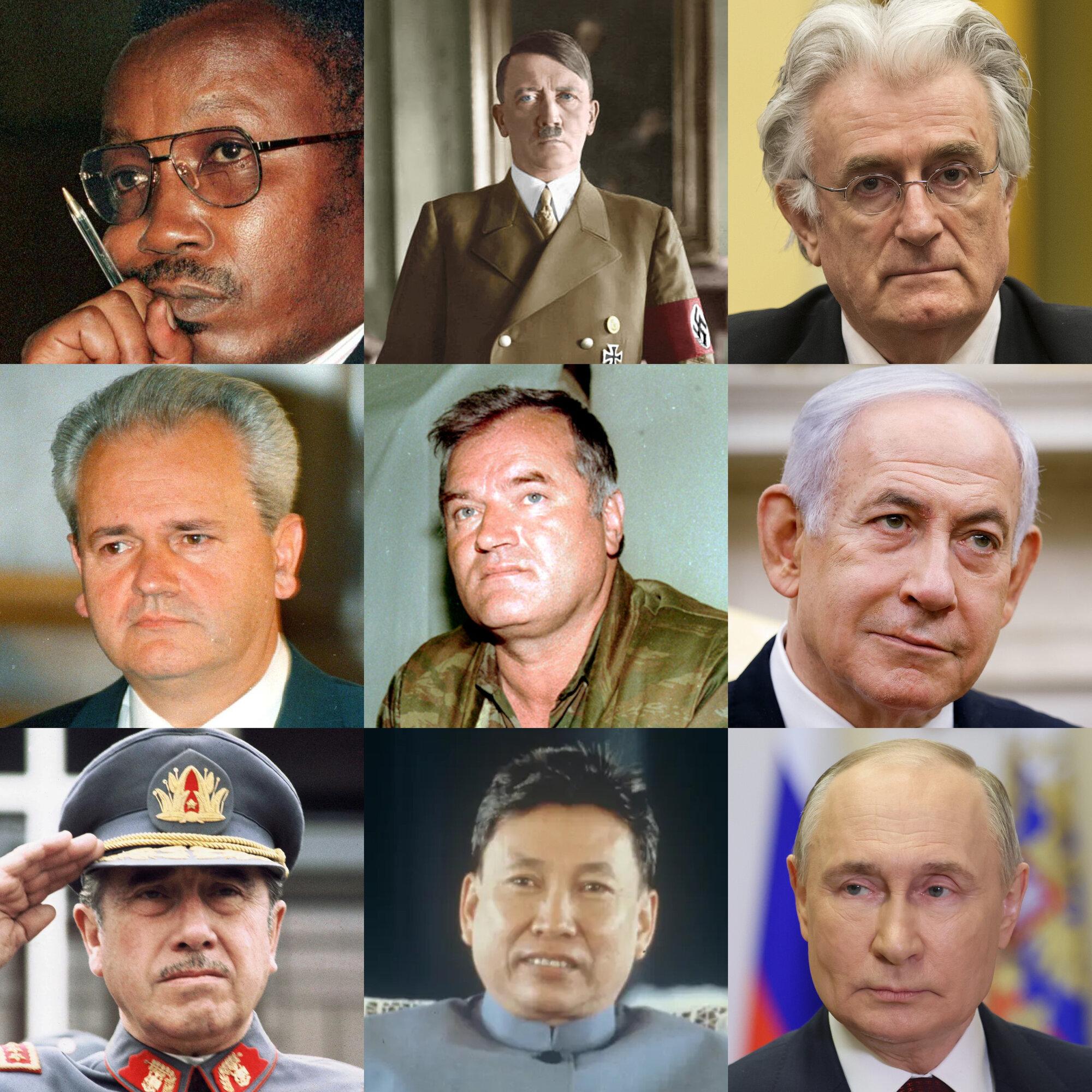 A photo montage with 9 faces: Akayesu, Hitler, Karadzic, Milosevic, Mladic, Netanyahu, Pinochet, Pot, Putin.